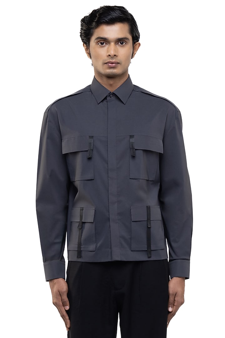 Grey Cotton Elastane Party Wear Shirt by SDS by KUSHAL SHAH at Pernia's Pop Up Shop