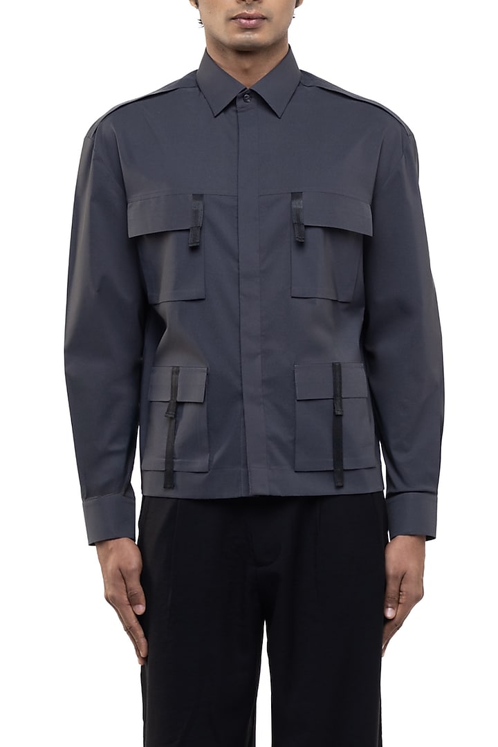 Grey Cotton Elastane Party Wear Shirt by SDS by KUSHAL SHAH at Pernia's Pop Up Shop