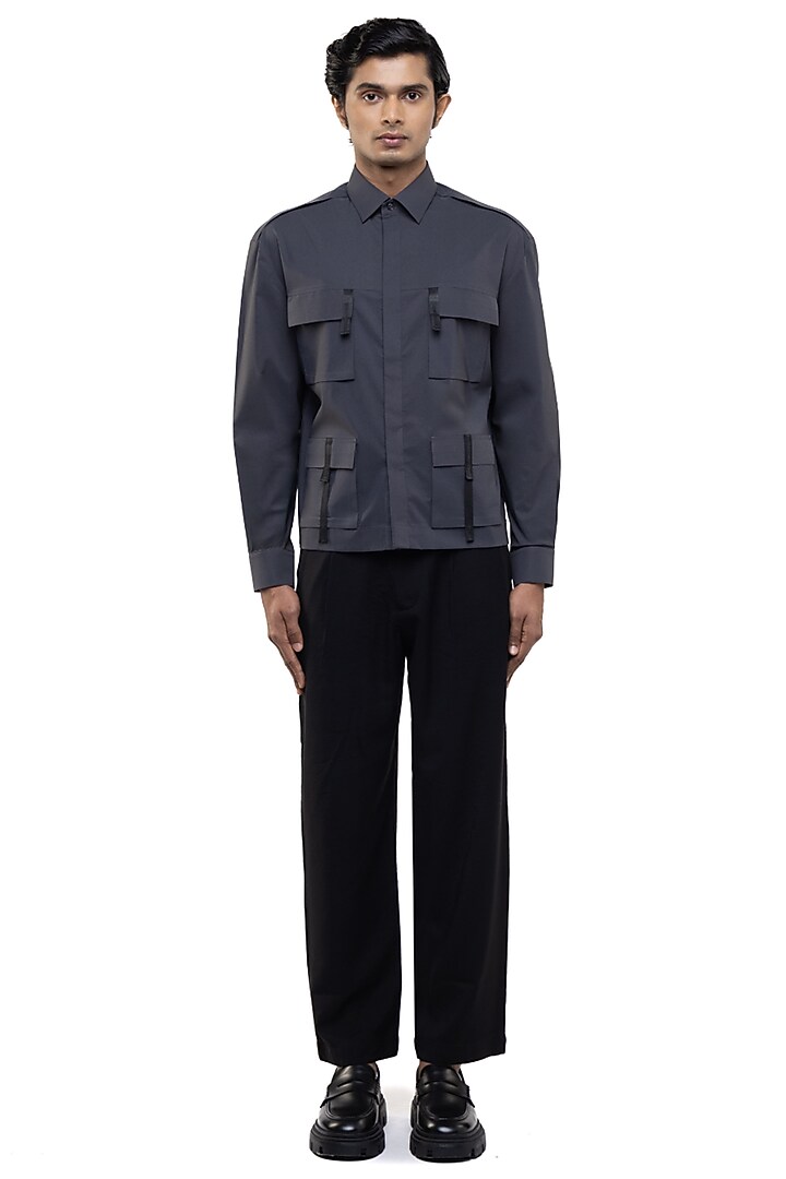 Grey Cotton Elastane Party Wear Shirt by SDS by KUSHAL SHAH at Pernia's Pop Up Shop