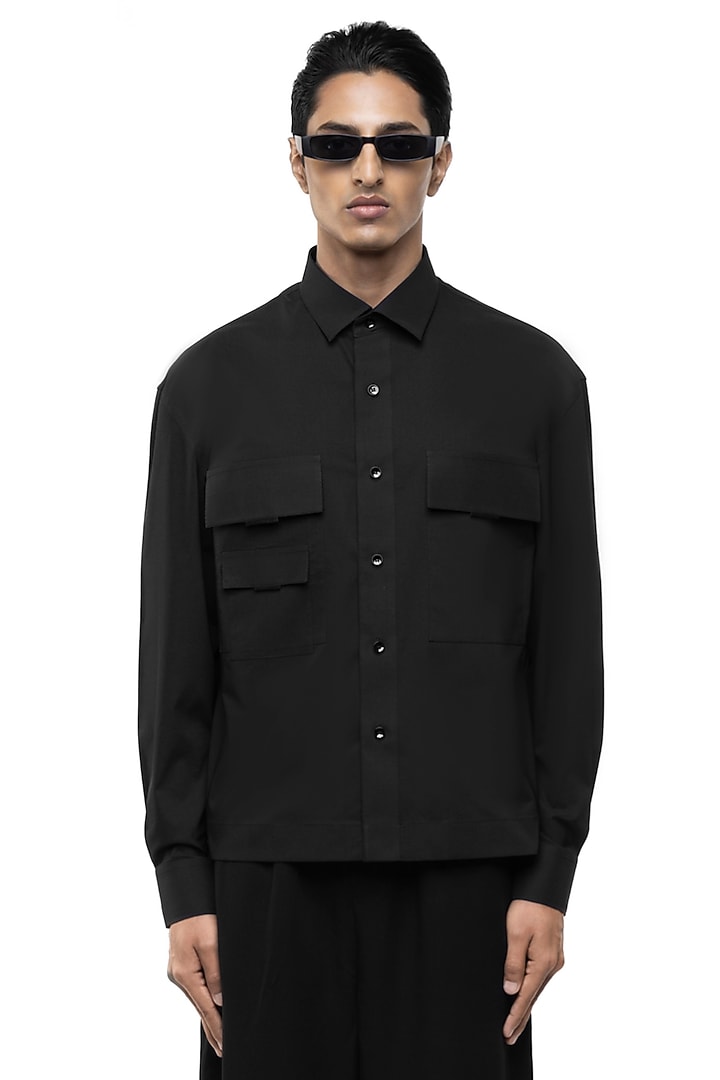 Black Cotton Elastane Party Wear Shirt by SDS by KUSHAL SHAH at Pernia's Pop Up Shop