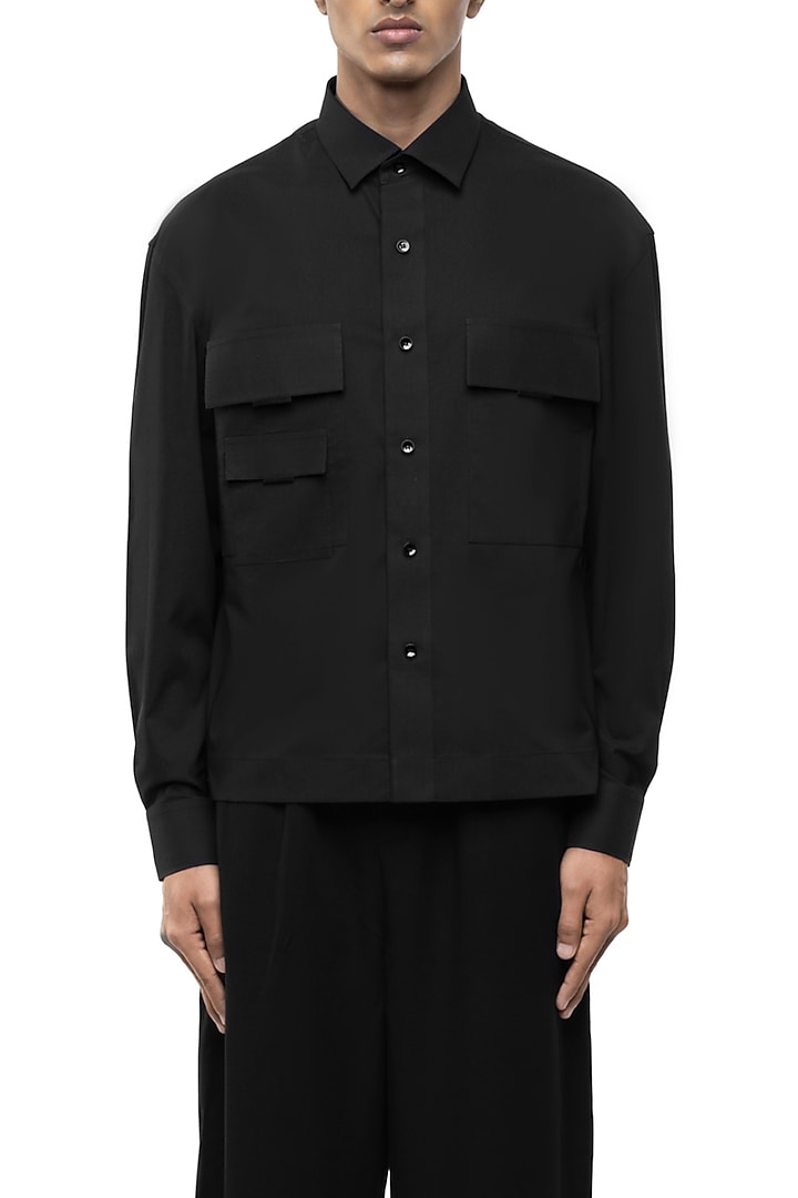 Black Cotton Elastane Party Wear Shirt by SDS by KUSHAL SHAH at Pernia's Pop Up Shop