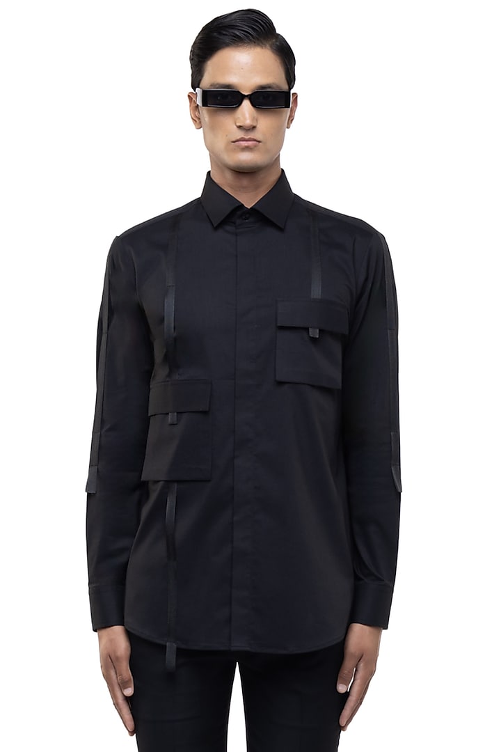 Black Giza Cotton Party Wear Shirt by SDS by KUSHAL SHAH at Pernia's Pop Up Shop