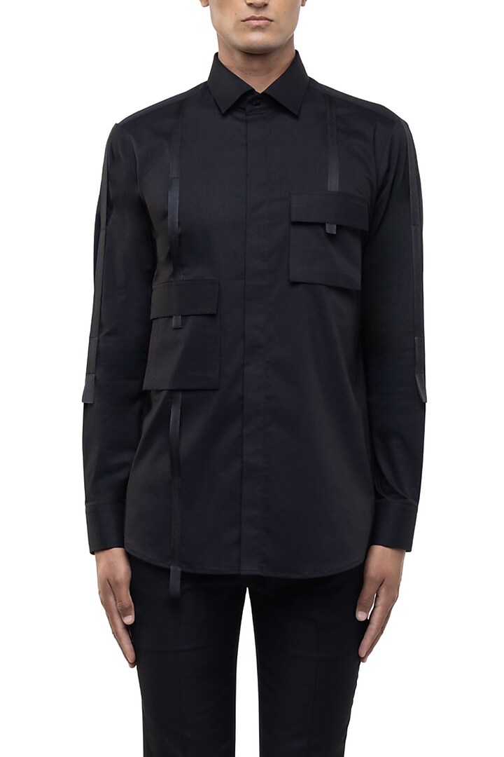 Black Giza Cotton Party Wear Shirt by SDS by KUSHAL SHAH at Pernia's Pop Up Shop