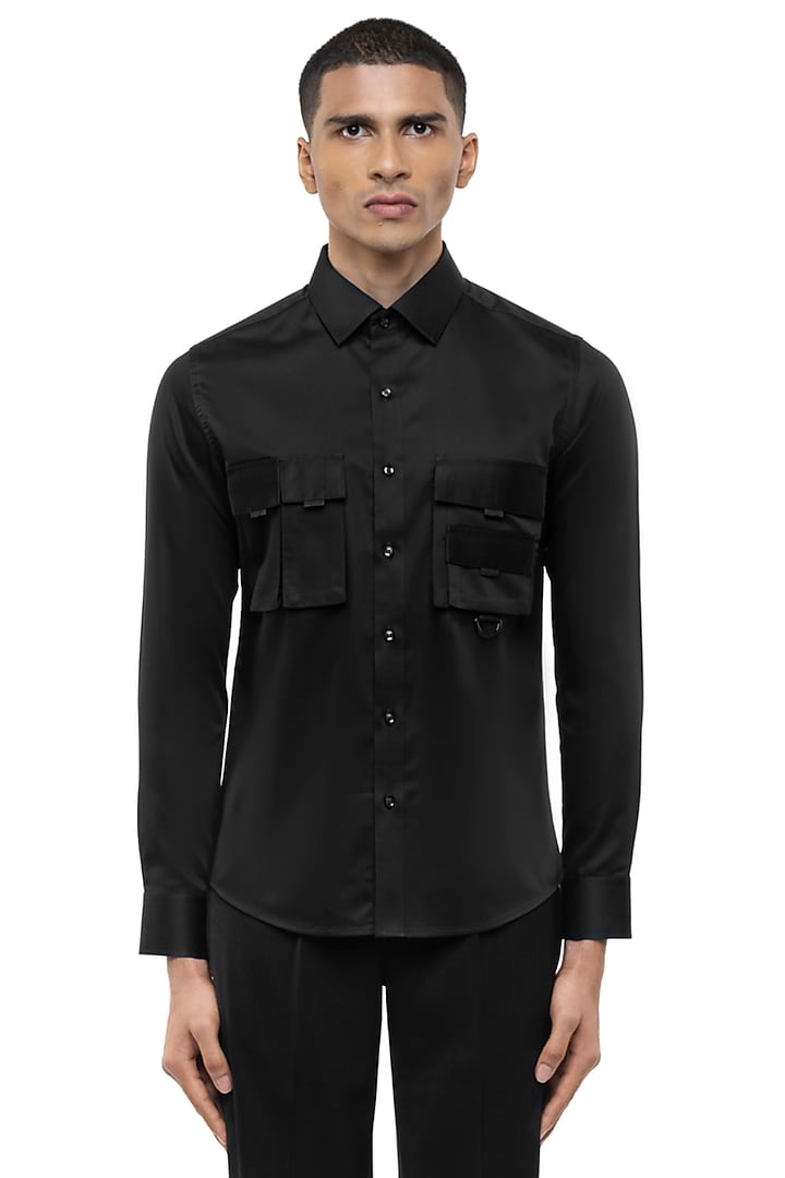 Black Giza Cotton Party Wear Shirt by SDS by KUSHAL SHAH at Pernia's Pop Up Shop