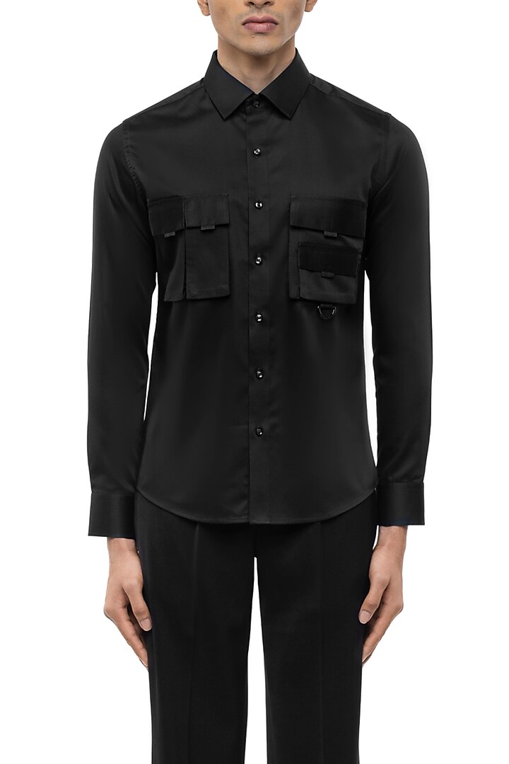 Black Giza Cotton Party Wear Shirt by SDS by KUSHAL SHAH at Pernia's Pop Up Shop
