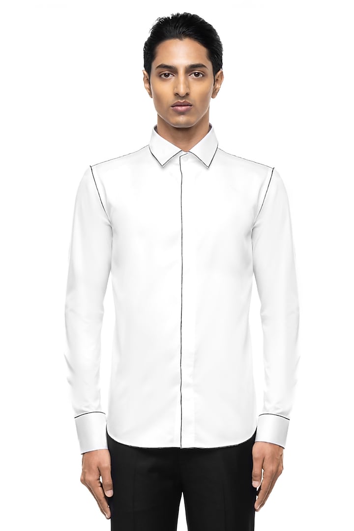 White Giza Cotton Party Wear Shirt by SDS by KUSHAL SHAH at Pernia's Pop Up Shop