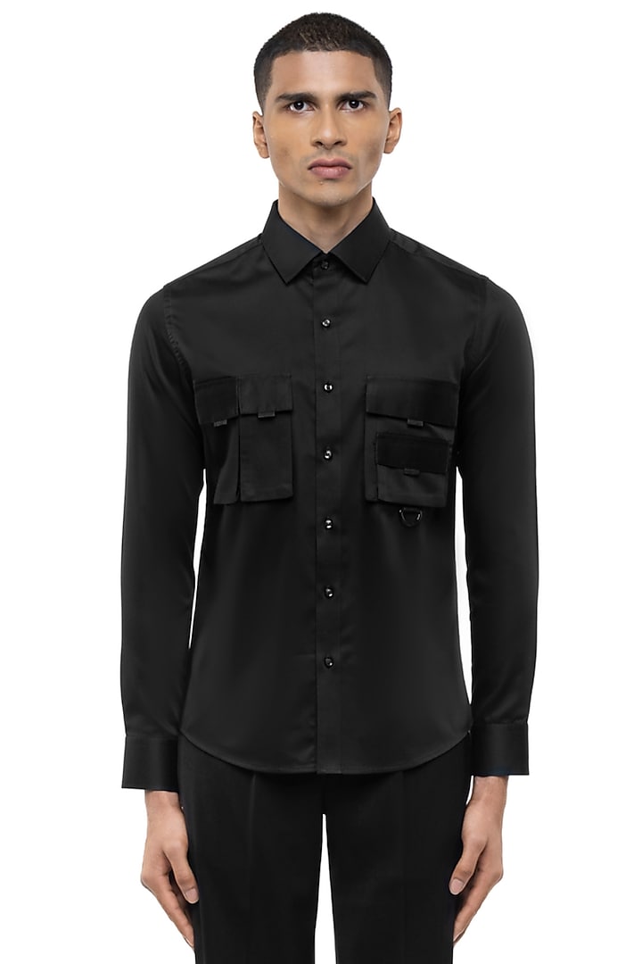 Black Giza Cotton Party Wear Shirt by SDS by KUSHAL SHAH at Pernia's Pop Up Shop