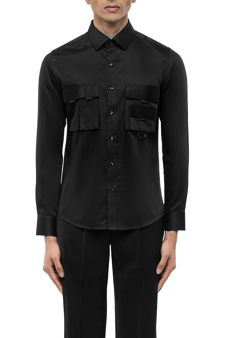 Black Giza Cotton Party Wear Shirt by SDS by KUSHAL SHAH at Pernia's Pop Up Shop