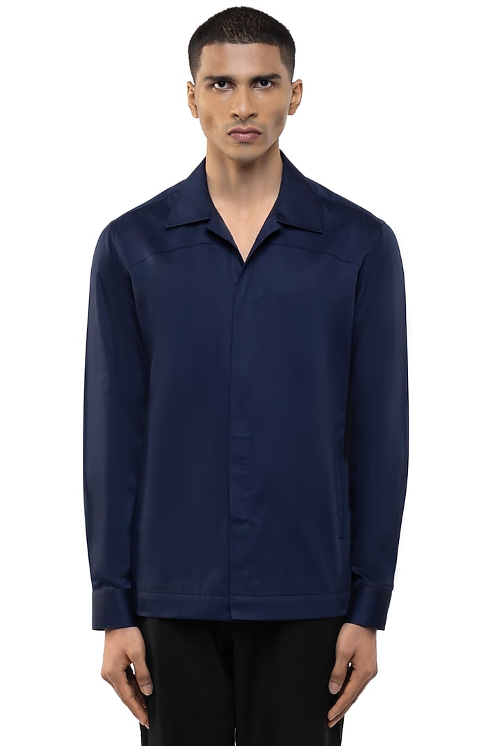 Navy Blue Cotton Elastane Party Wear Shirt by SDS by KUSHAL SHAH at Pernia's Pop Up Shop