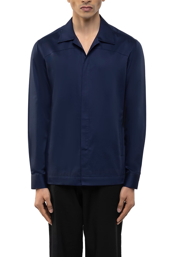 Navy Blue Cotton Elastane Party Wear Shirt by SDS by KUSHAL SHAH at Pernia's Pop Up Shop