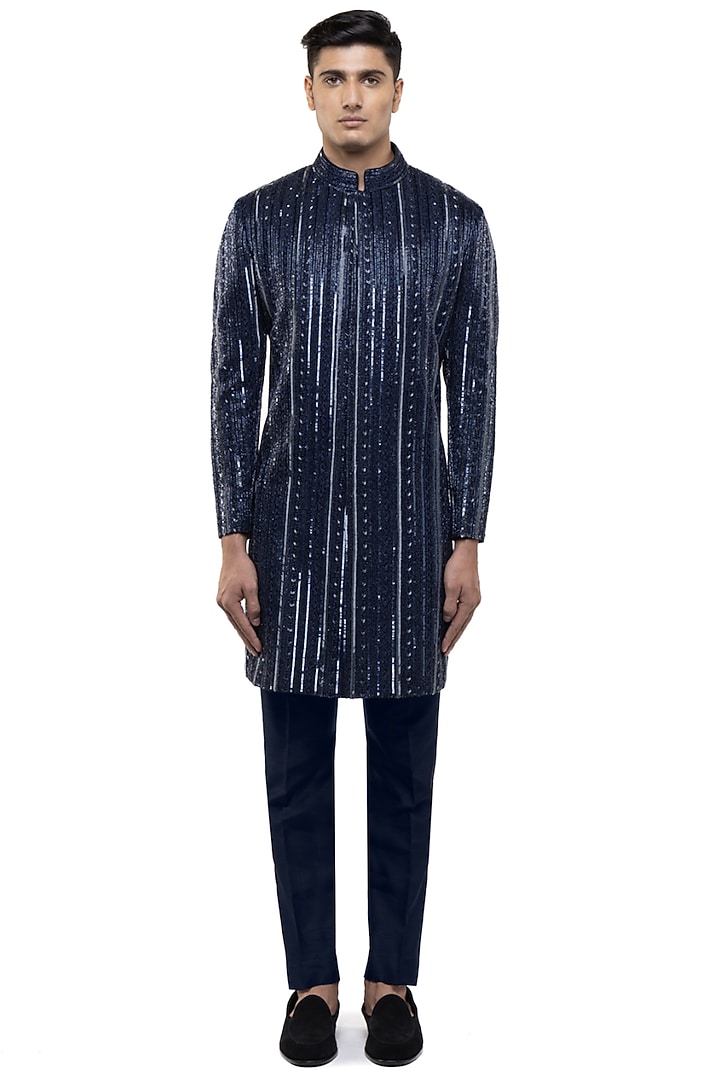 Navy Blue Silk Thread Embellished Groom Sherwani Set by SDS by KUSHAL SHAH at Pernia's Pop Up Shop