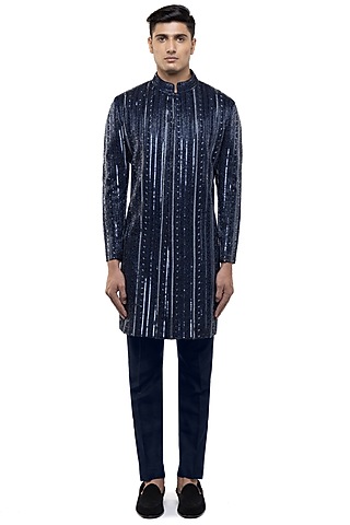 Navy Blue Silk Thread Embellished Sherwani Set by SDS by KUSHAL SHAH
