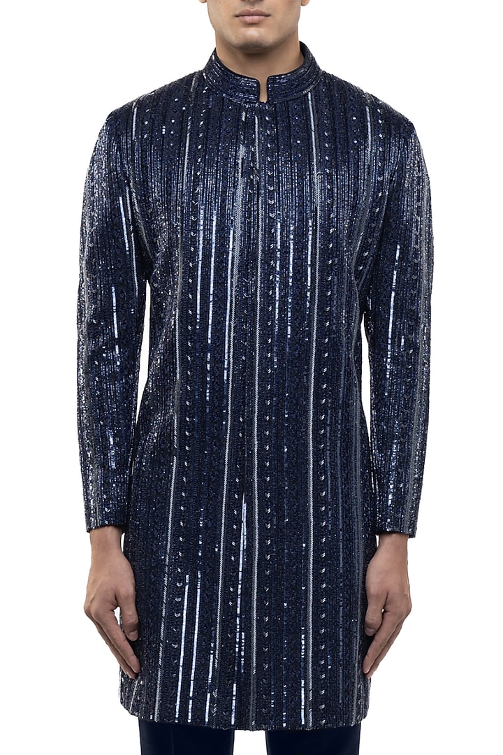 Navy Blue Silk Thread Embellished Groom Sherwani Set by SDS by KUSHAL SHAH at Pernia's Pop Up Shop