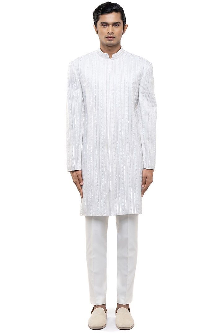 White Silk Thread Embellished Groom Sherwani Set by SDS by KUSHAL SHAH at Pernia's Pop Up Shop