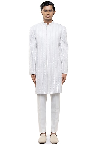 White Silk Thread Embellished Sherwani Set by SDS by KUSHAL SHAH
