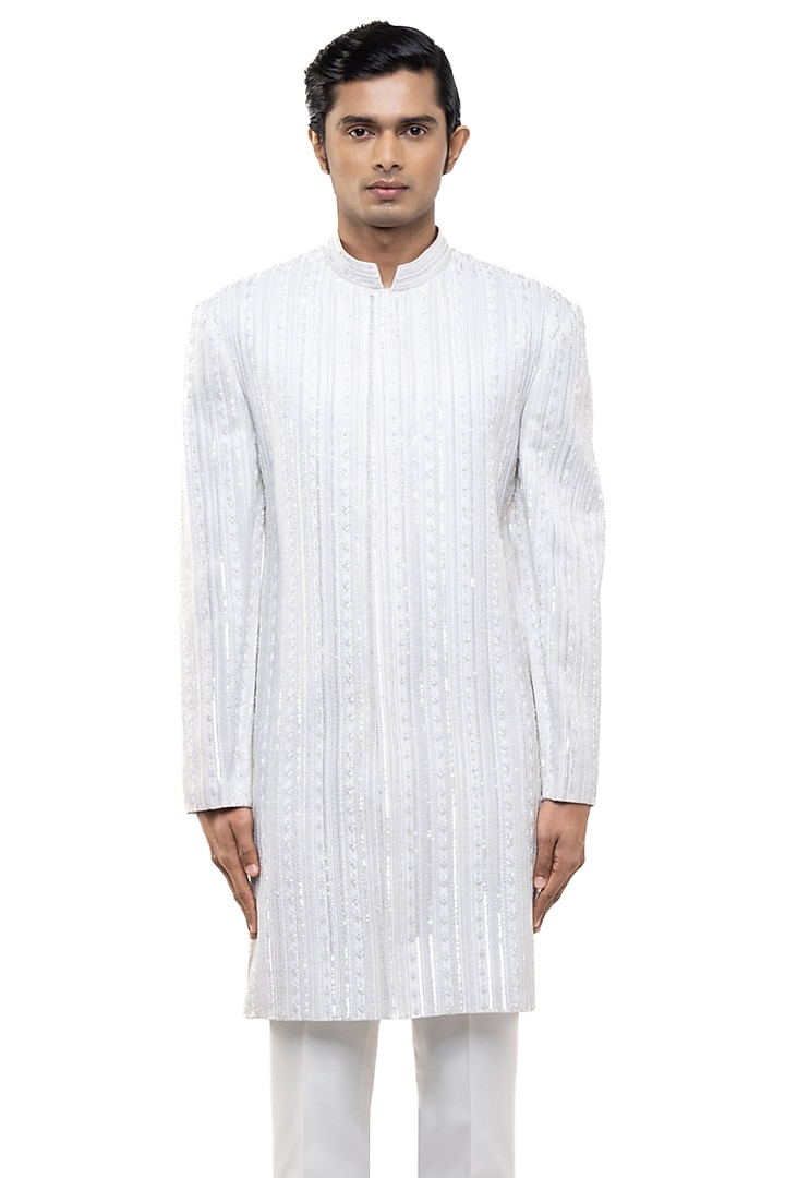 White Silk Thread Embellished Groom Sherwani Set by SDS by KUSHAL SHAH at Pernia's Pop Up Shop