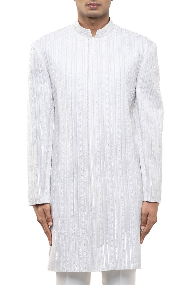 White Silk Thread Embellished Groom Sherwani Set by SDS by KUSHAL SHAH at Pernia's Pop Up Shop