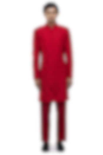 Red Silk Floral Embroidered Groom Sherwani Set by SDS by KUSHAL SHAH at Pernia's Pop Up Shop