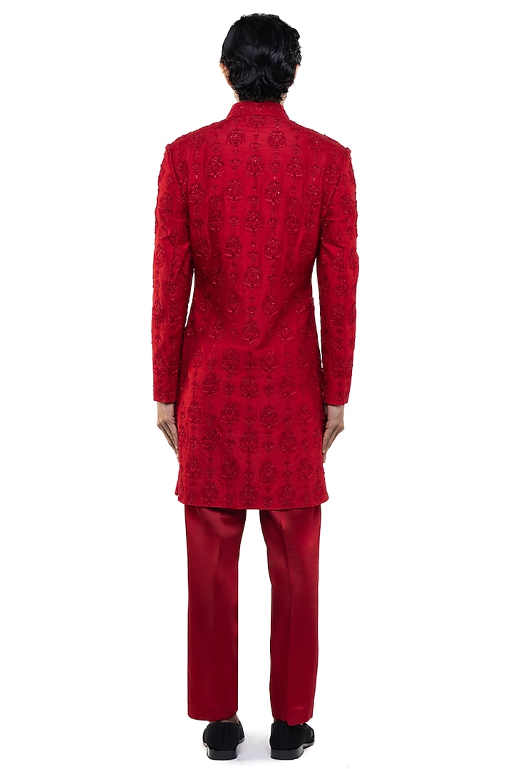 Red Silk Floral Embroidered Groom Sherwani Set by SDS by KUSHAL SHAH at Pernia's Pop Up Shop