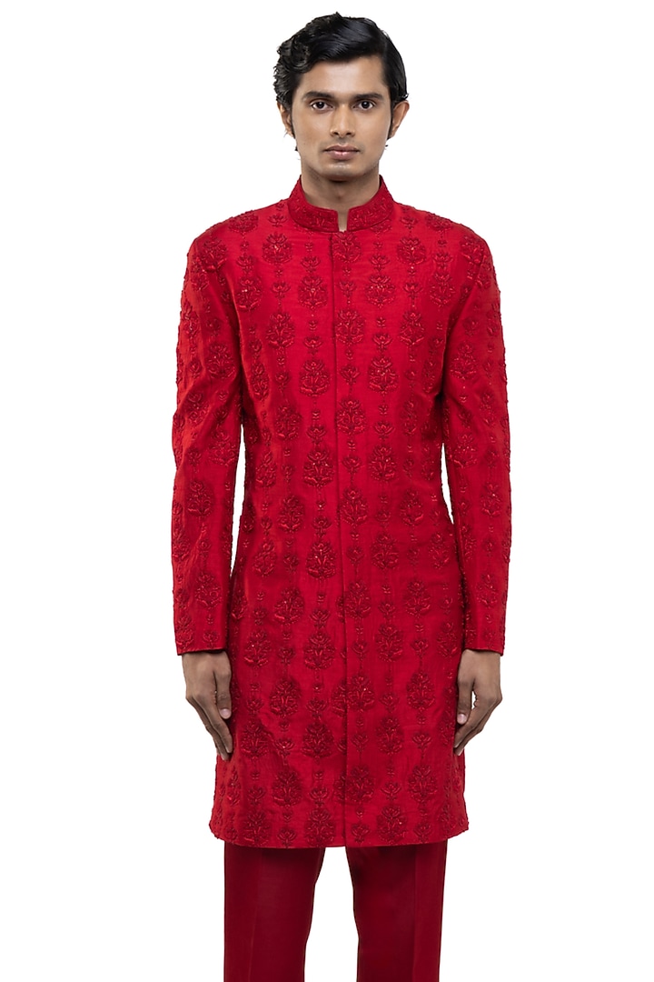 Red Silk Floral Embroidered Groom Sherwani Set by SDS by KUSHAL SHAH at Pernia's Pop Up Shop