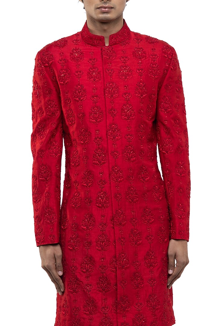 Red Silk Floral Embroidered Groom Sherwani Set by SDS by KUSHAL SHAH at Pernia's Pop Up Shop