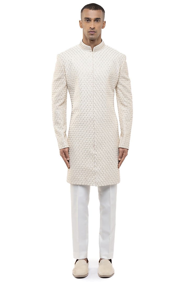 Off-White Silk Thread Embellished Groom Sherwani Set by SDS by KUSHAL SHAH at Pernia's Pop Up Shop
