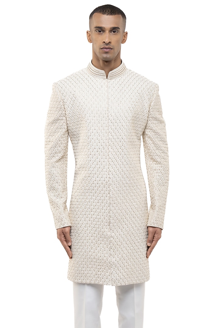Off-White Silk Thread Embellished Groom Sherwani Set by SDS by KUSHAL SHAH at Pernia's Pop Up Shop