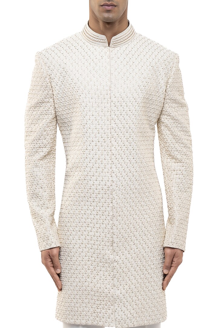 Off-White Silk Thread Embellished Groom Sherwani Set by SDS by KUSHAL SHAH at Pernia's Pop Up Shop