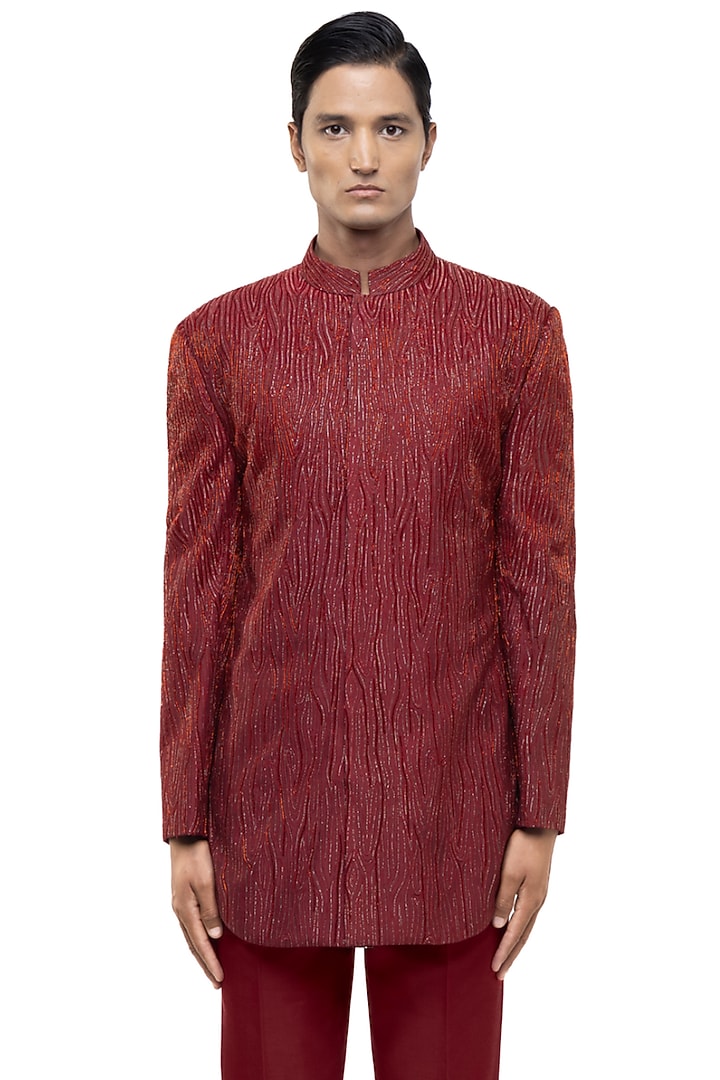 Red Silk Thread Embroidered Groom Sherwani Set by SDS by KUSHAL SHAH at Pernia's Pop Up Shop