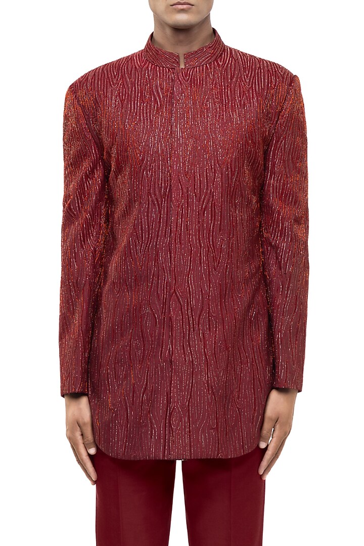 Red Silk Thread Embroidered Groom Sherwani Set by SDS by KUSHAL SHAH at Pernia's Pop Up Shop