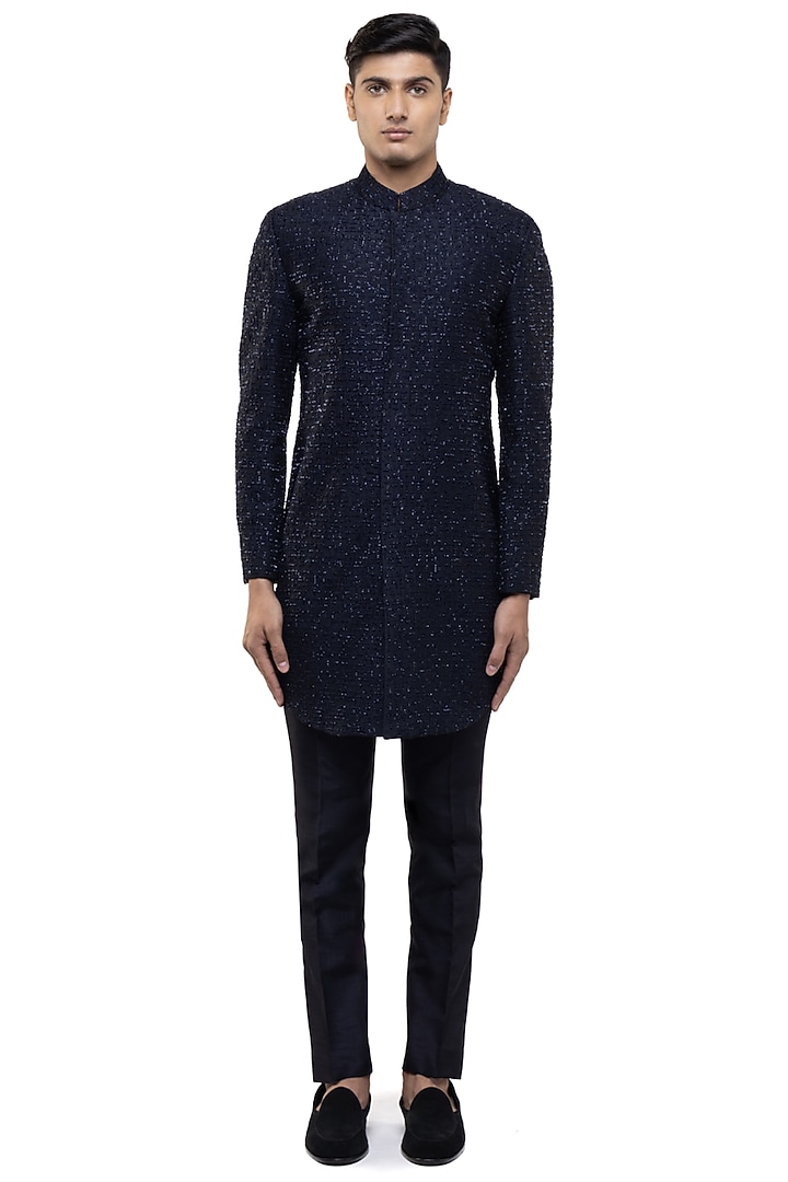 Navy Blue Silk Thread Work Groom Sherwani Set by SDS by KUSHAL SHAH at Pernia's Pop Up Shop