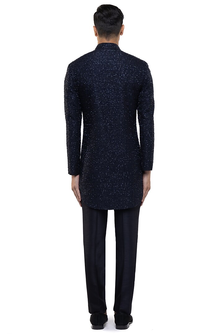 Navy Blue Silk Thread Work Groom Sherwani Set by SDS by KUSHAL SHAH at Pernia's Pop Up Shop