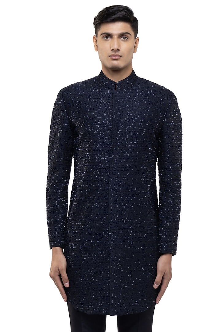 Navy Blue Silk Thread Work Groom Sherwani Set by SDS by KUSHAL SHAH at Pernia's Pop Up Shop