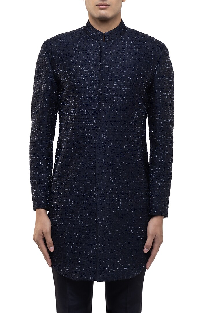 Navy Blue Silk Thread Work Groom Sherwani Set by SDS by KUSHAL SHAH at Pernia's Pop Up Shop