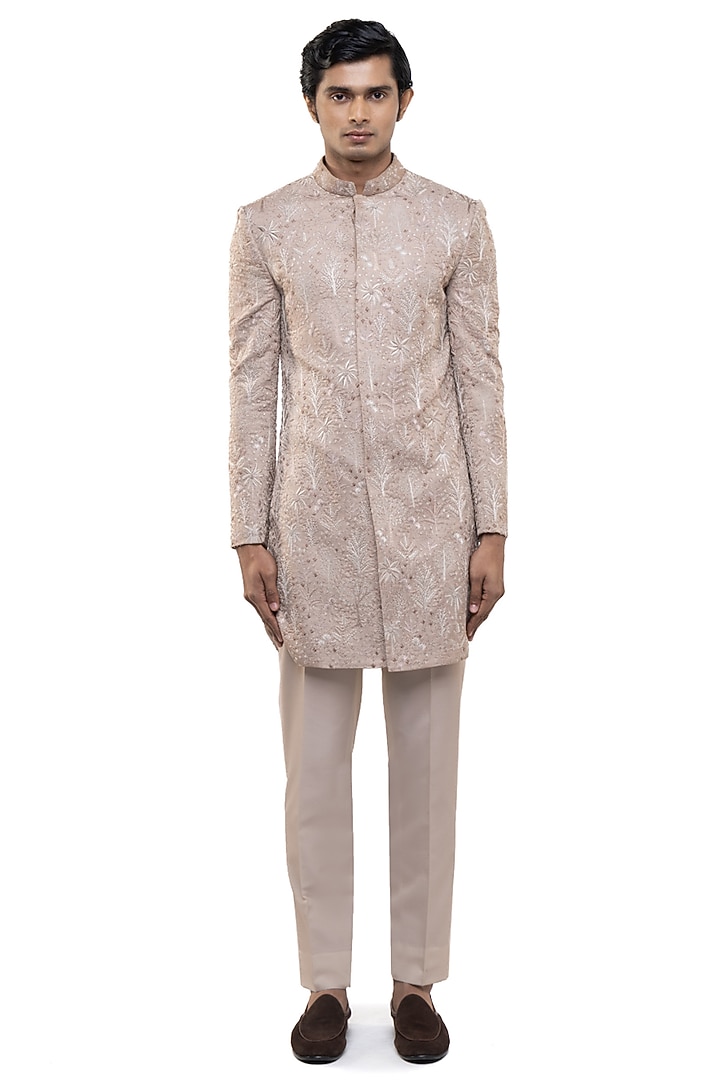 Old Rose & Off-White Silk Thread Embroidered Groom Sherwani Set by SDS by KUSHAL SHAH at Pernia's Pop Up Shop