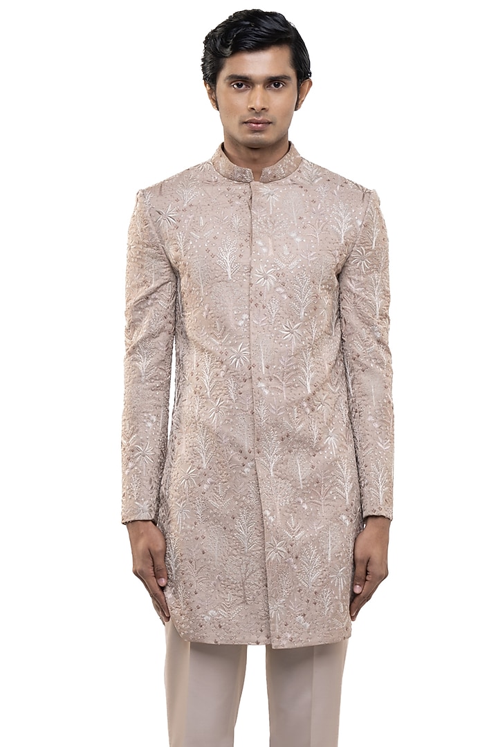 Old Rose & Off-White Silk Thread Embroidered Groom Sherwani Set by SDS by KUSHAL SHAH at Pernia's Pop Up Shop