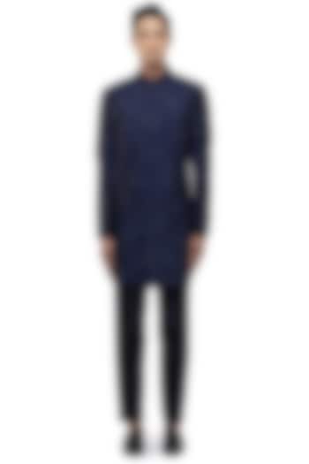 Navy Blue Organza Applique Embroidered Groom Sherwani Set by SDS by KUSHAL SHAH at Pernia's Pop Up Shop