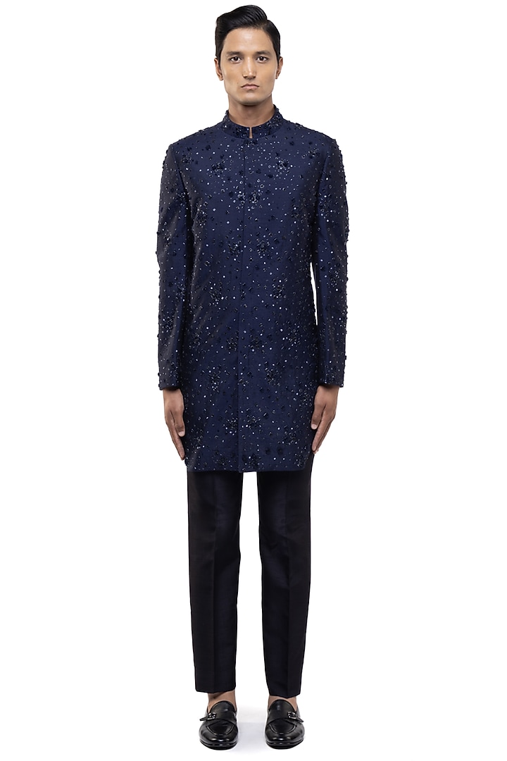Navy Blue Organza Applique Embroidered Groom Sherwani Set by SDS by KUSHAL SHAH at Pernia's Pop Up Shop