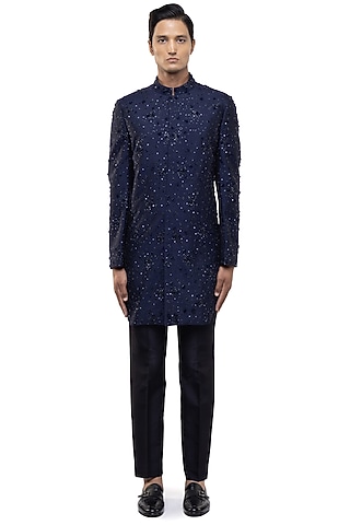 Navy Blue Organza Applique Embroidered Sherwani Set by SDS by KUSHAL SHAH