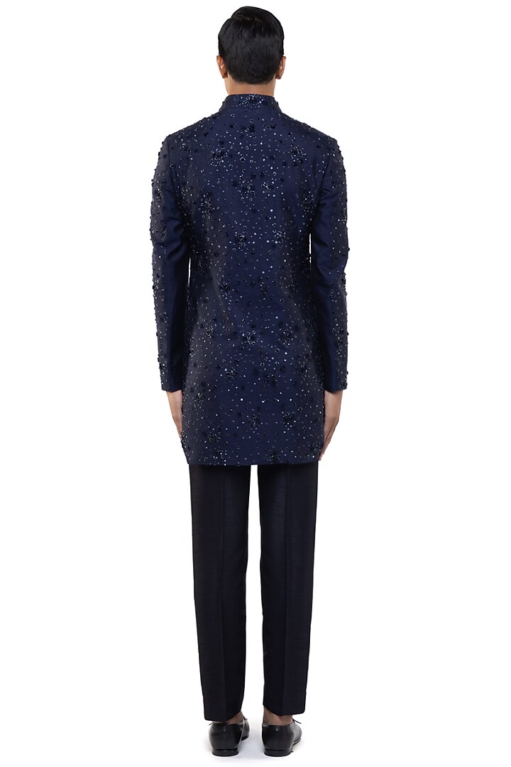 Navy Blue Organza Applique Embroidered Groom Sherwani Set by SDS by KUSHAL SHAH at Pernia's Pop Up Shop