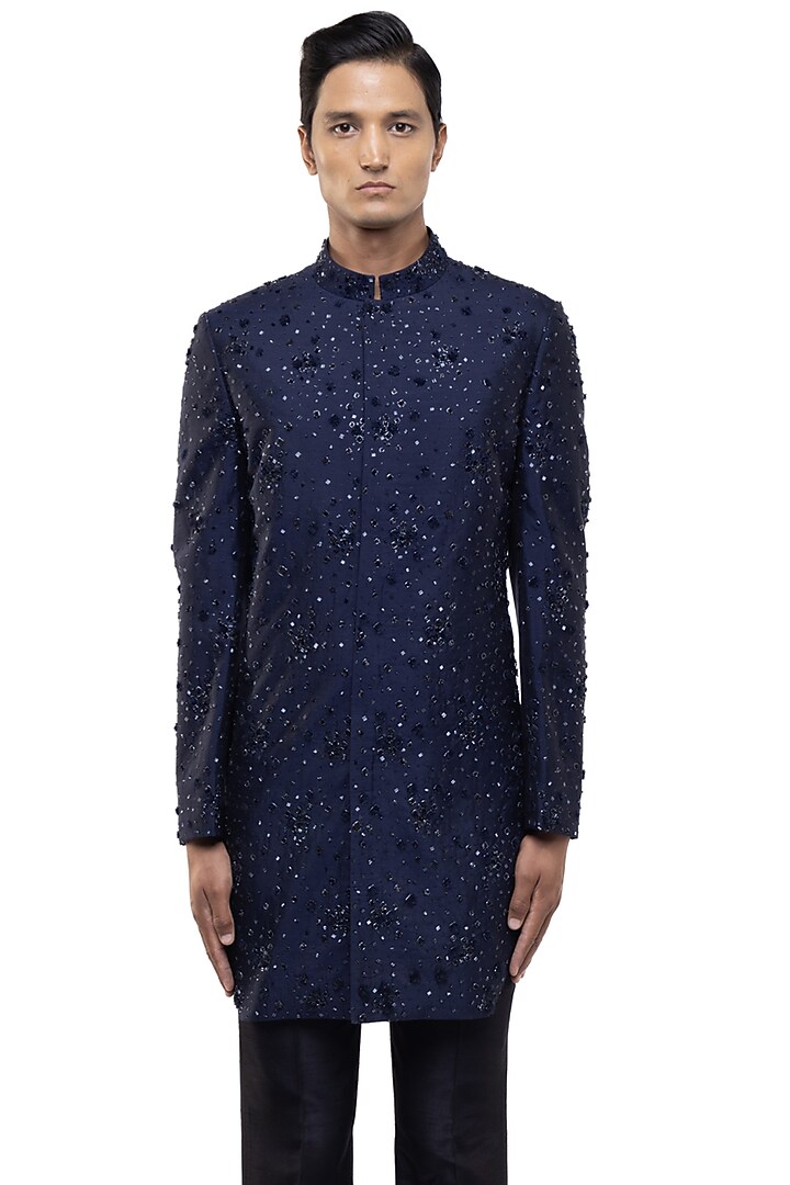 Navy Blue Organza Applique Embroidered Groom Sherwani Set by SDS by KUSHAL SHAH at Pernia's Pop Up Shop