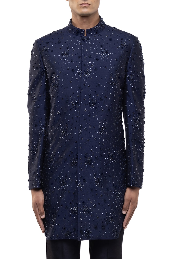 Navy Blue Organza Applique Embroidered Groom Sherwani Set by SDS by KUSHAL SHAH at Pernia's Pop Up Shop