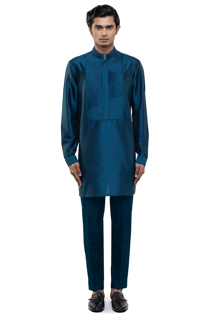 Teal Blue Silk Kurta Set by SDS by KUSHAL SHAH at Pernia's Pop Up Shop