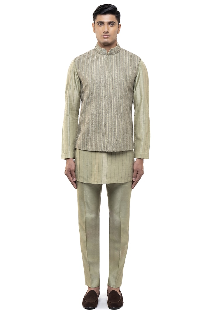 Sage Green Silk Thread Work Bundi Jacket Set by SDS by KUSHAL SHAH at Pernia's Pop Up Shop