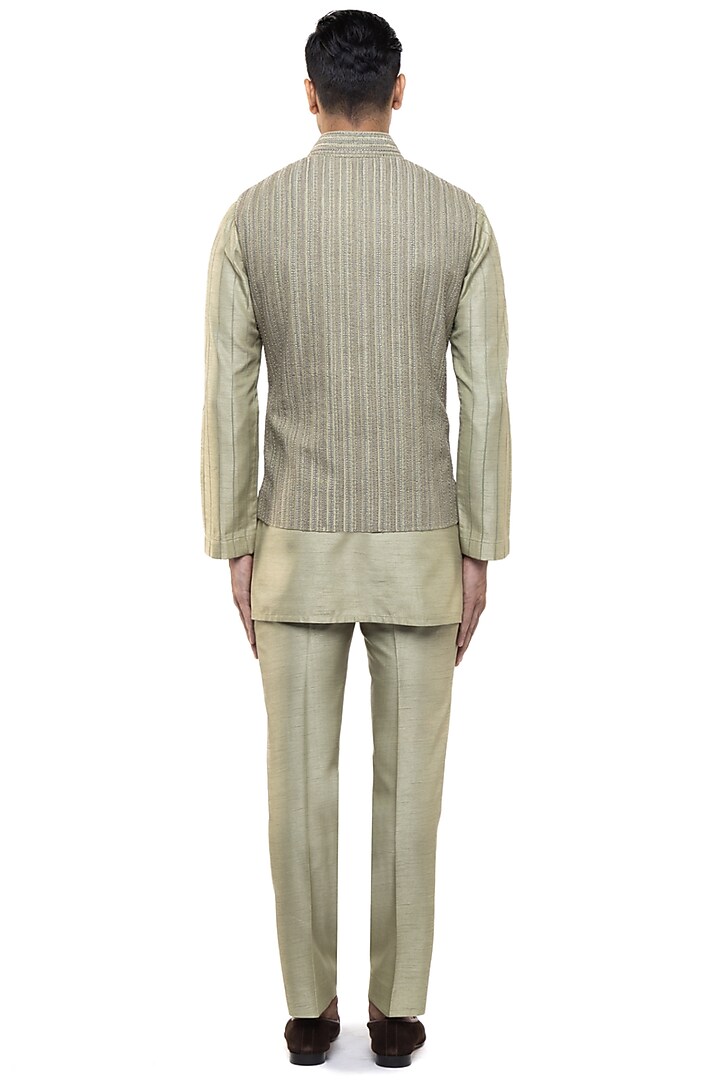 Sage Green Silk Thread Work Bundi Jacket Set by SDS by KUSHAL SHAH at Pernia's Pop Up Shop