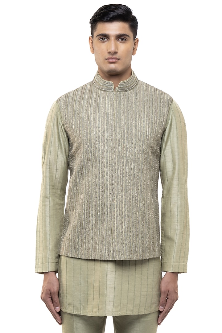 Sage Green Silk Thread Work Bundi Jacket Set by SDS by KUSHAL SHAH at Pernia's Pop Up Shop
