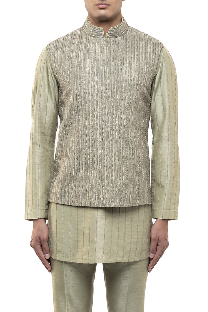 Sage Green Silk Thread Work Bundi Jacket Set by SDS by KUSHAL SHAH at Pernia's Pop Up Shop