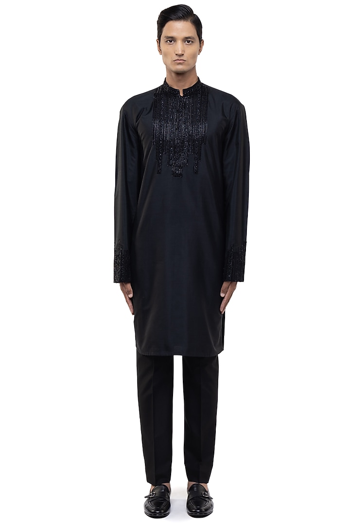 Black Silk Embroidered Kurta Set by SDS by KUSHAL SHAH at Pernia's Pop Up Shop