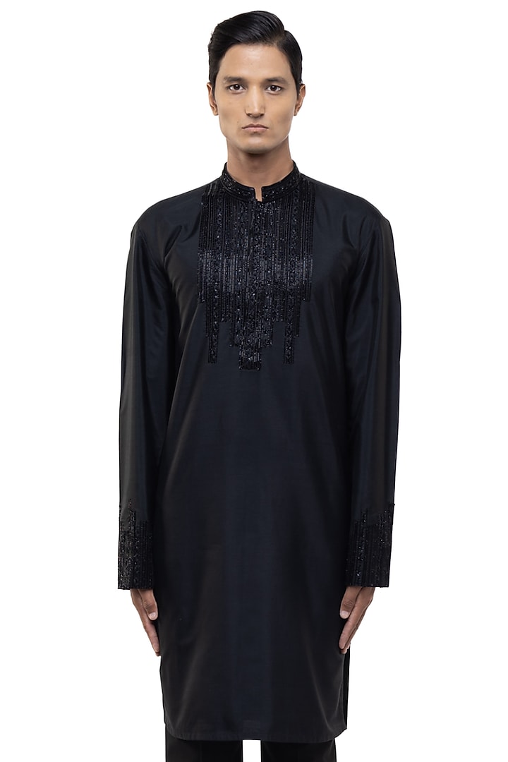 Black Silk Embroidered Kurta Set by SDS by KUSHAL SHAH at Pernia's Pop Up Shop