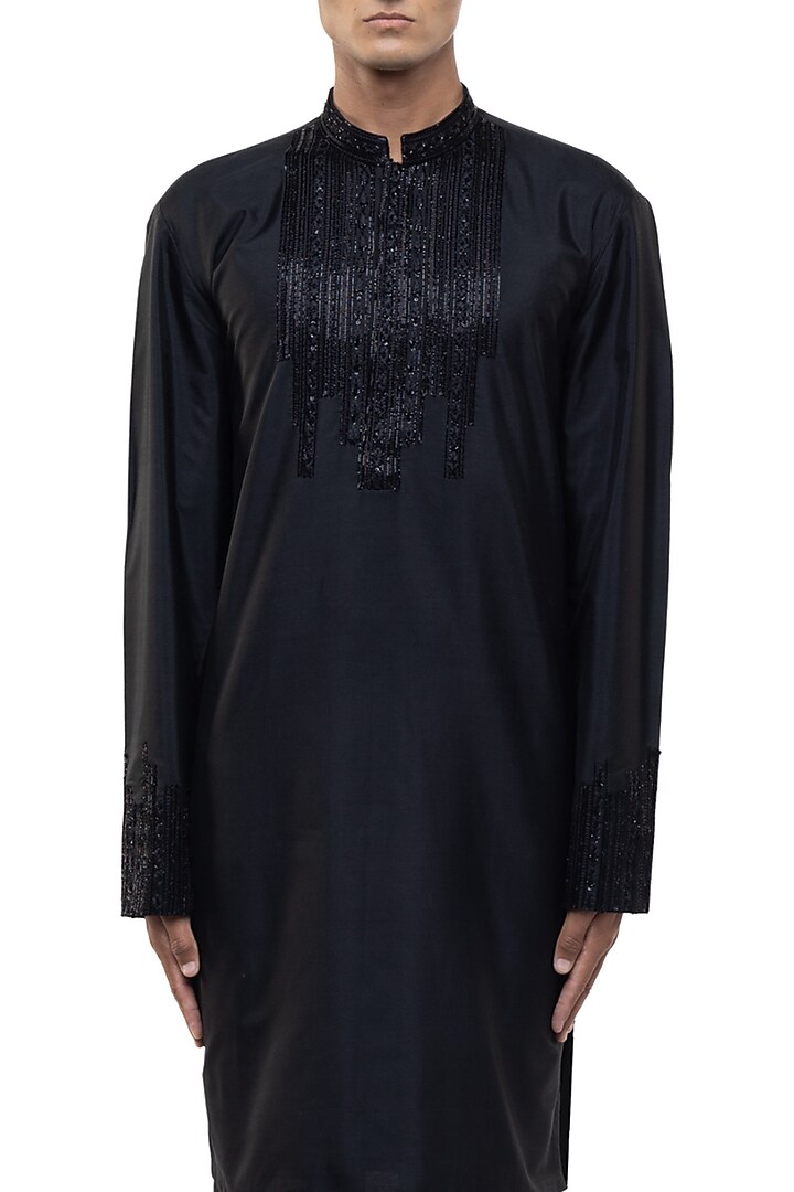 Black Silk Embroidered Kurta Set by SDS by KUSHAL SHAH at Pernia's Pop Up Shop